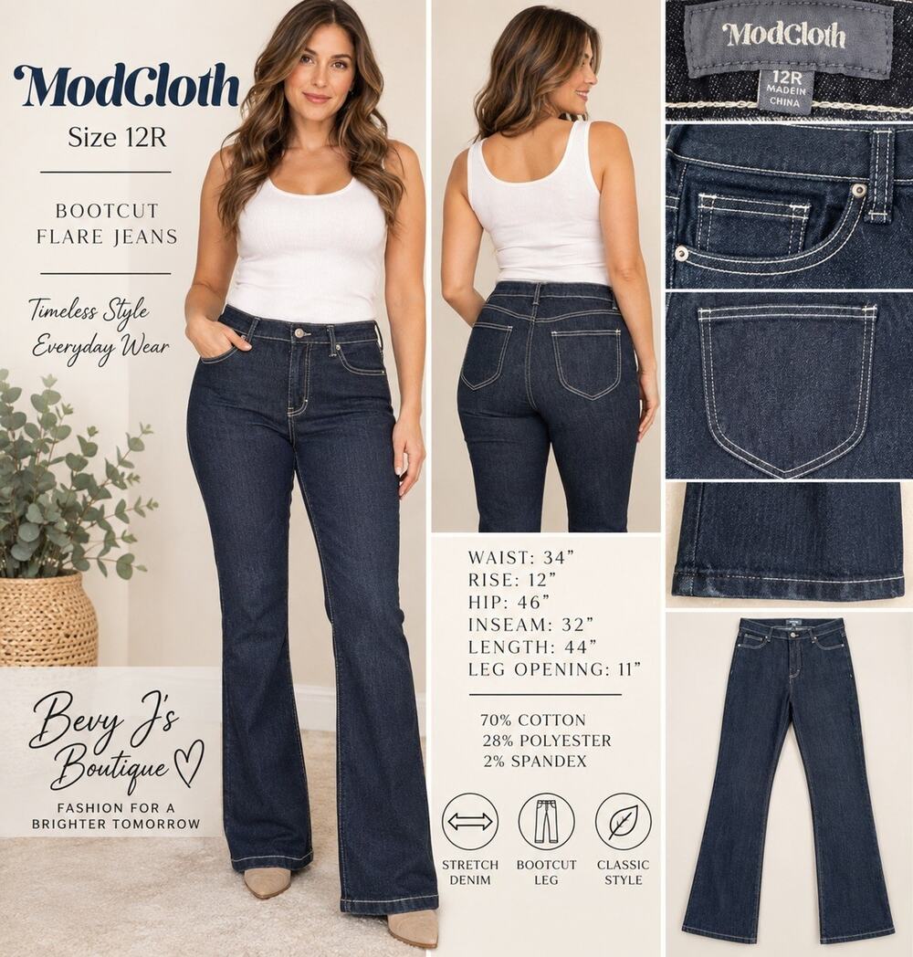 ModCloth Womens 12R Dark Wash Bootcut Flare Jeans Stretch Contrast Stitch Retro